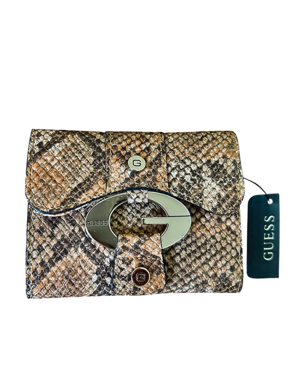 Guess Brown Tan Faux Snakeskin Prominent Silver Logo Practical Small Wallet
